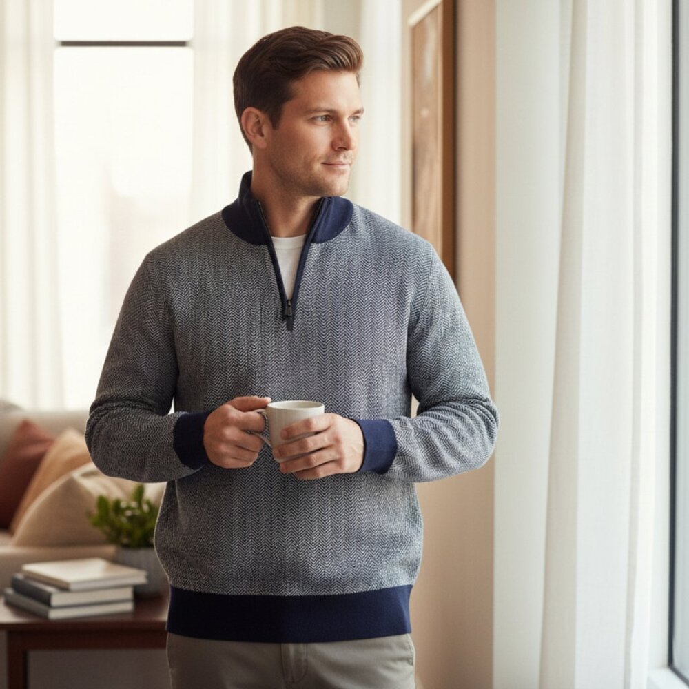 J .Crew Blue And Grey  Herringbone 1/4 Zip Pullover Long Sleeve Sweater For Men